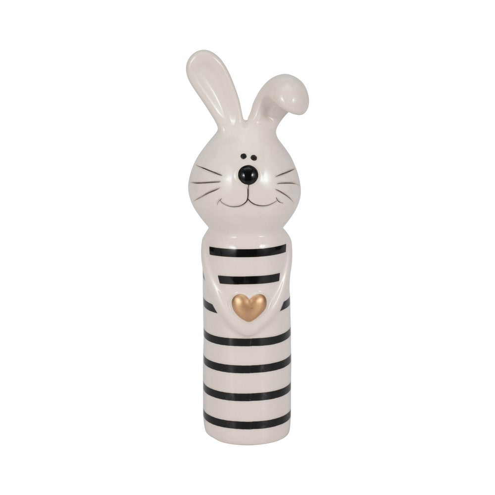 Accent Figurine | 7" Striped Bunny with Gold Heart | White Ceramic