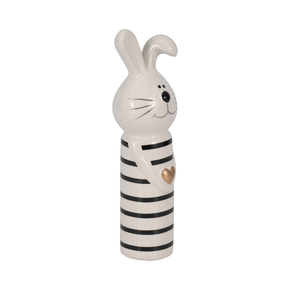 Accent Figurine | 7" Striped Bunny with Gold Heart | White Ceramic