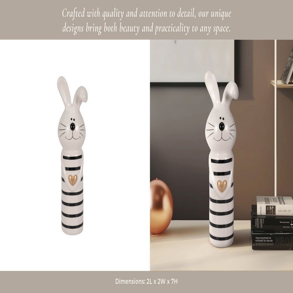 Accent Figurine | 7" Striped Bunny with Gold Heart | White Ceramic