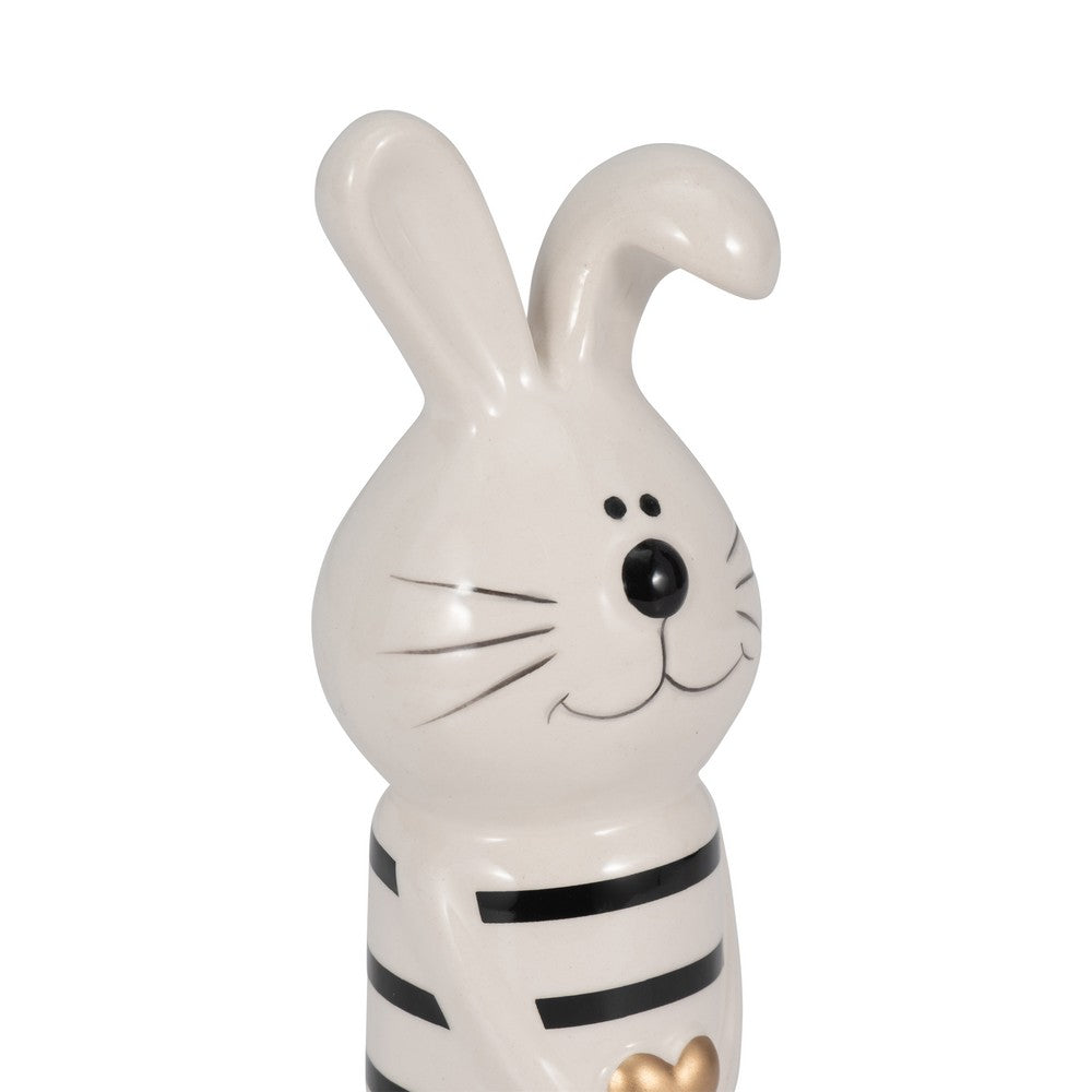 Accent Figurine | 7" Striped Bunny with Gold Heart | White Ceramic