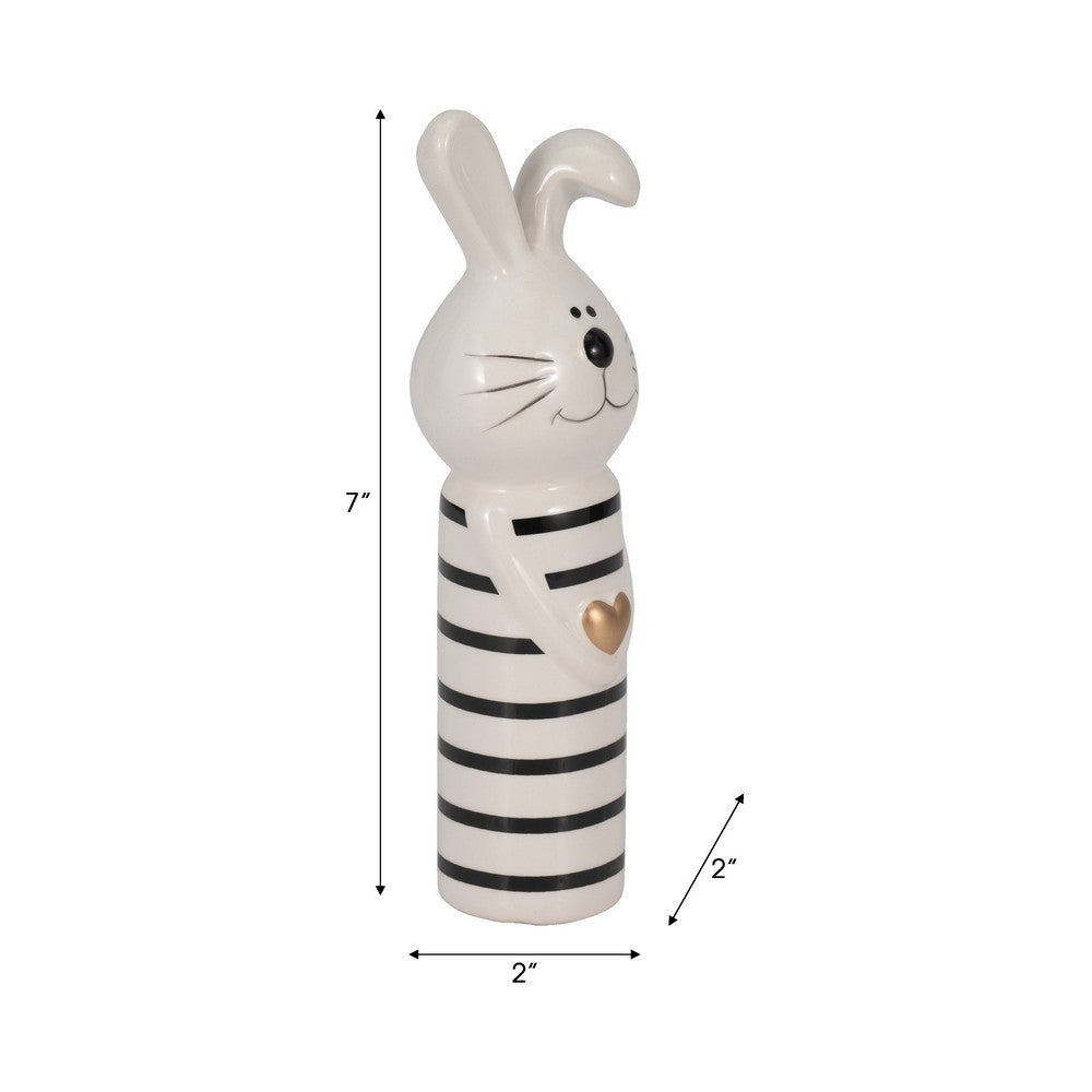 Accent Figurine | 7" Striped Bunny with Gold Heart | White Ceramic