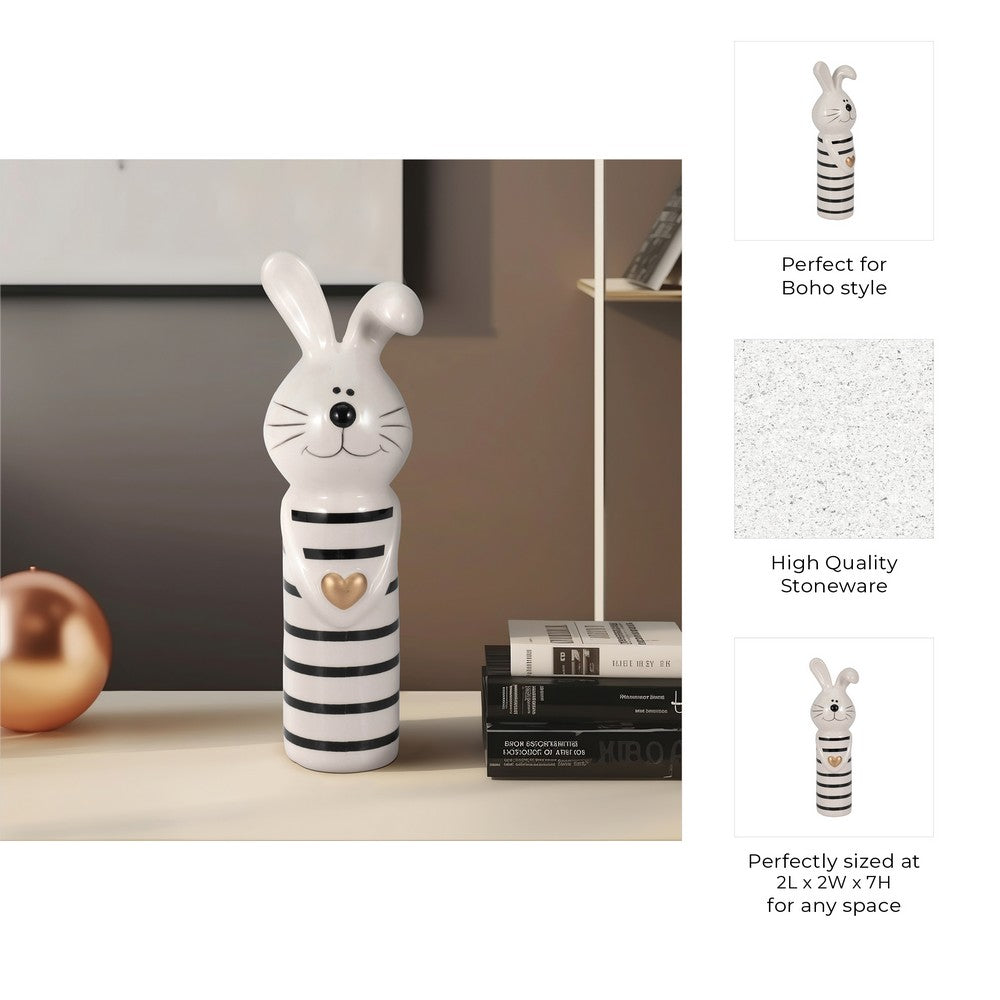Accent Figurine | 7" Striped Bunny with Gold Heart | White Ceramic