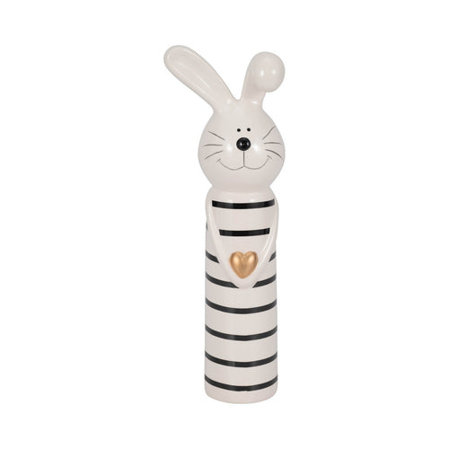 Striped Bunny Figurine with Gold Heart | 12" Black & White Ceramic