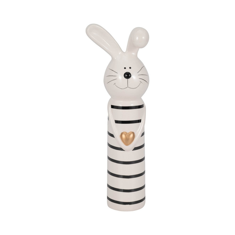 Striped Bunny Figurine with Gold Heart | 12" Black & White Ceramic