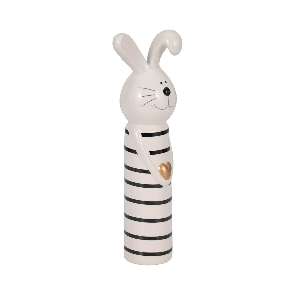 Striped Bunny Figurine with Gold Heart | 12" Black & White Ceramic