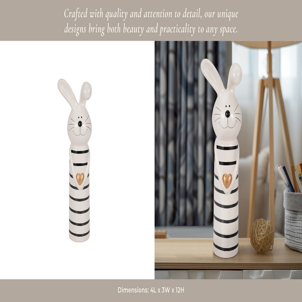 Striped Bunny Figurine with Gold Heart | 12" Black & White Ceramic