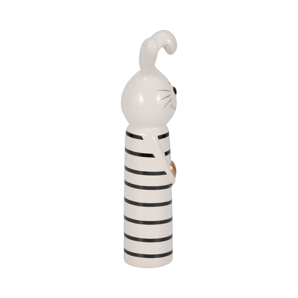Striped Bunny Figurine with Gold Heart | 12" Black & White Ceramic