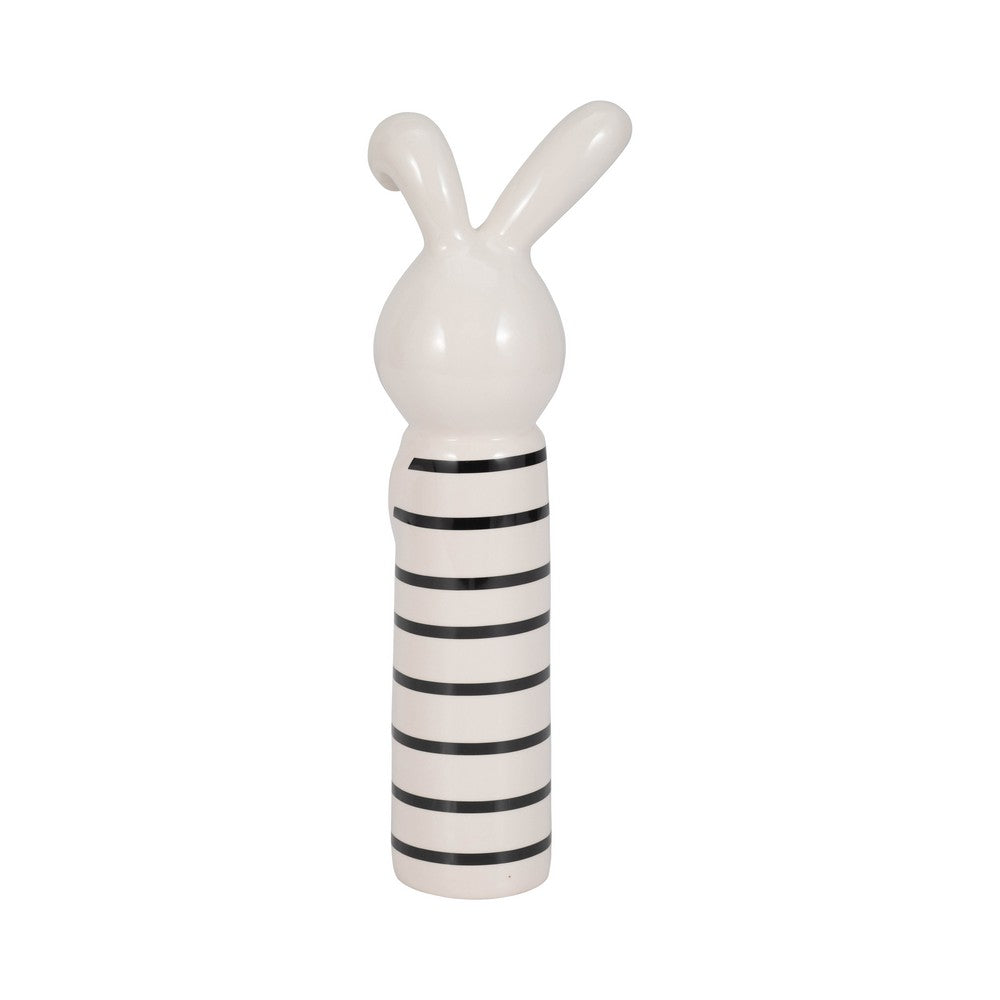 Striped Bunny Figurine with Gold Heart | 12" Black & White Ceramic
