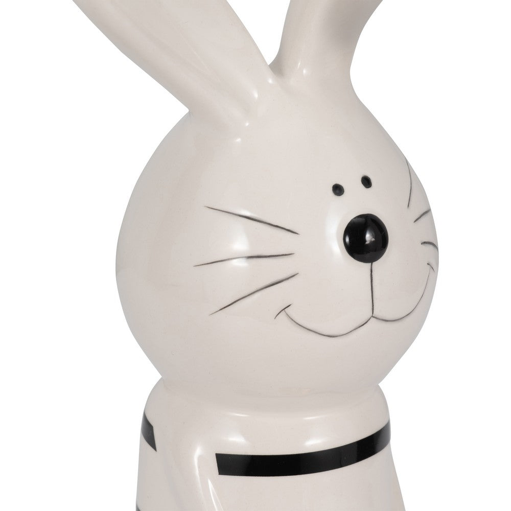 Striped Bunny Figurine with Gold Heart | 12" Black & White Ceramic