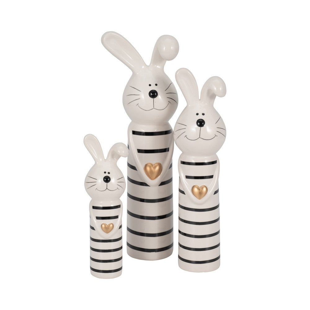 Striped Bunny Figurine with Gold Heart | 12" Black & White Ceramic