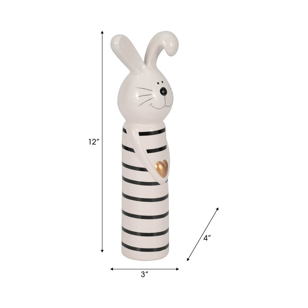 Striped Bunny Figurine with Gold Heart | 12" Black & White Ceramic