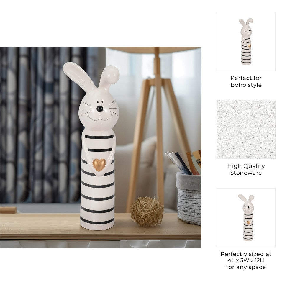 Striped Bunny Figurine with Gold Heart | 12" Black & White Ceramic