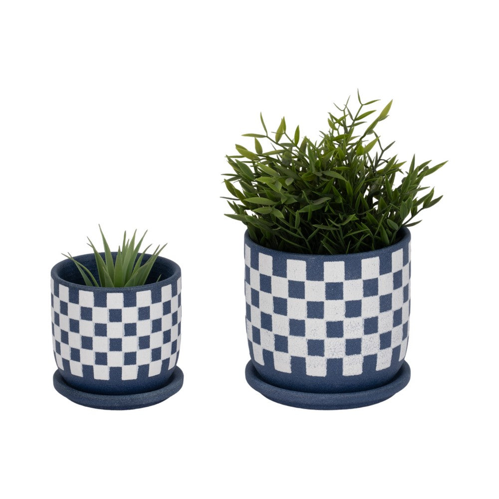 Echy Checkerboard Planters with Saucers Set of 2 | Blue-White Ceramic