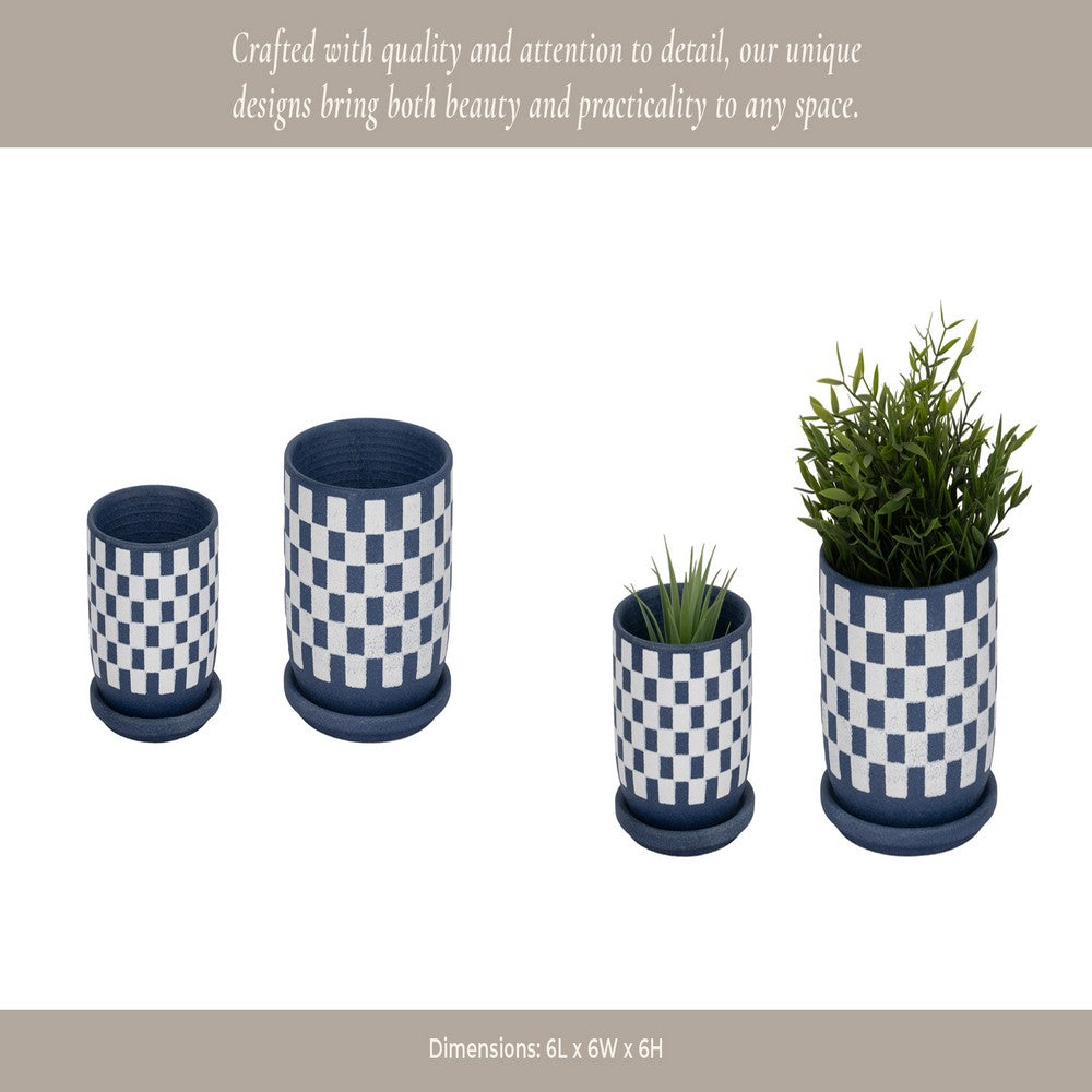 Echy Checkerboard Planters with Saucers Set of 2 | Blue-White Ceramic
