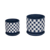 Echy Checkerboard Planters with Saucers Set of 2 | Blue-White Ceramic