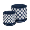 Echy Checkerboard Planters with Saucers Set of 2 | Blue-White Ceramic