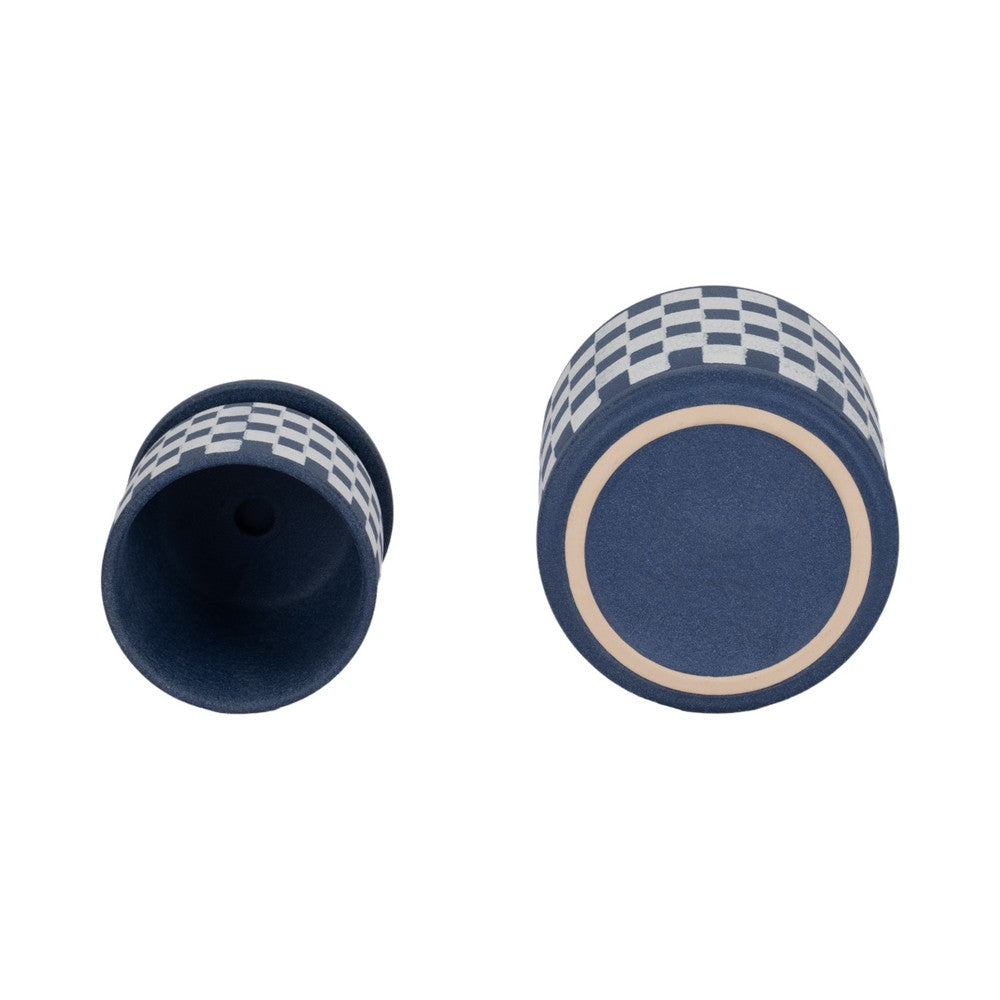 Echy Checkerboard Planters with Saucers Set of 2 | Blue-White Ceramic