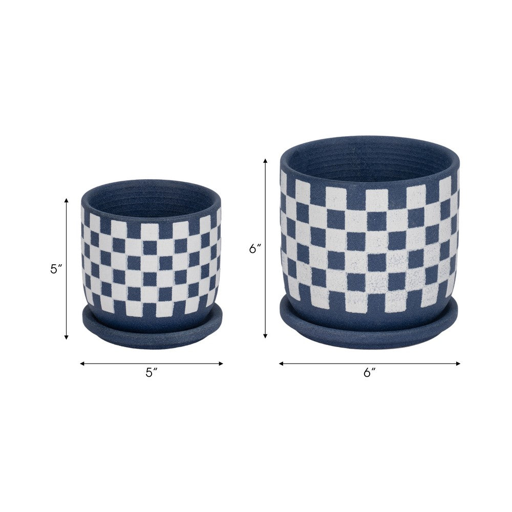 Echy Checkerboard Planters with Saucers Set of 2 | Blue-White Ceramic
