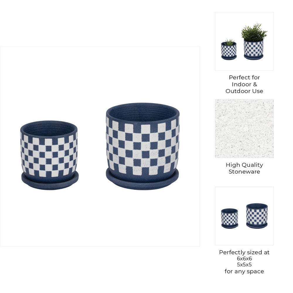 Echy Checkerboard Planters with Saucers Set of 2 | Blue-White Ceramic