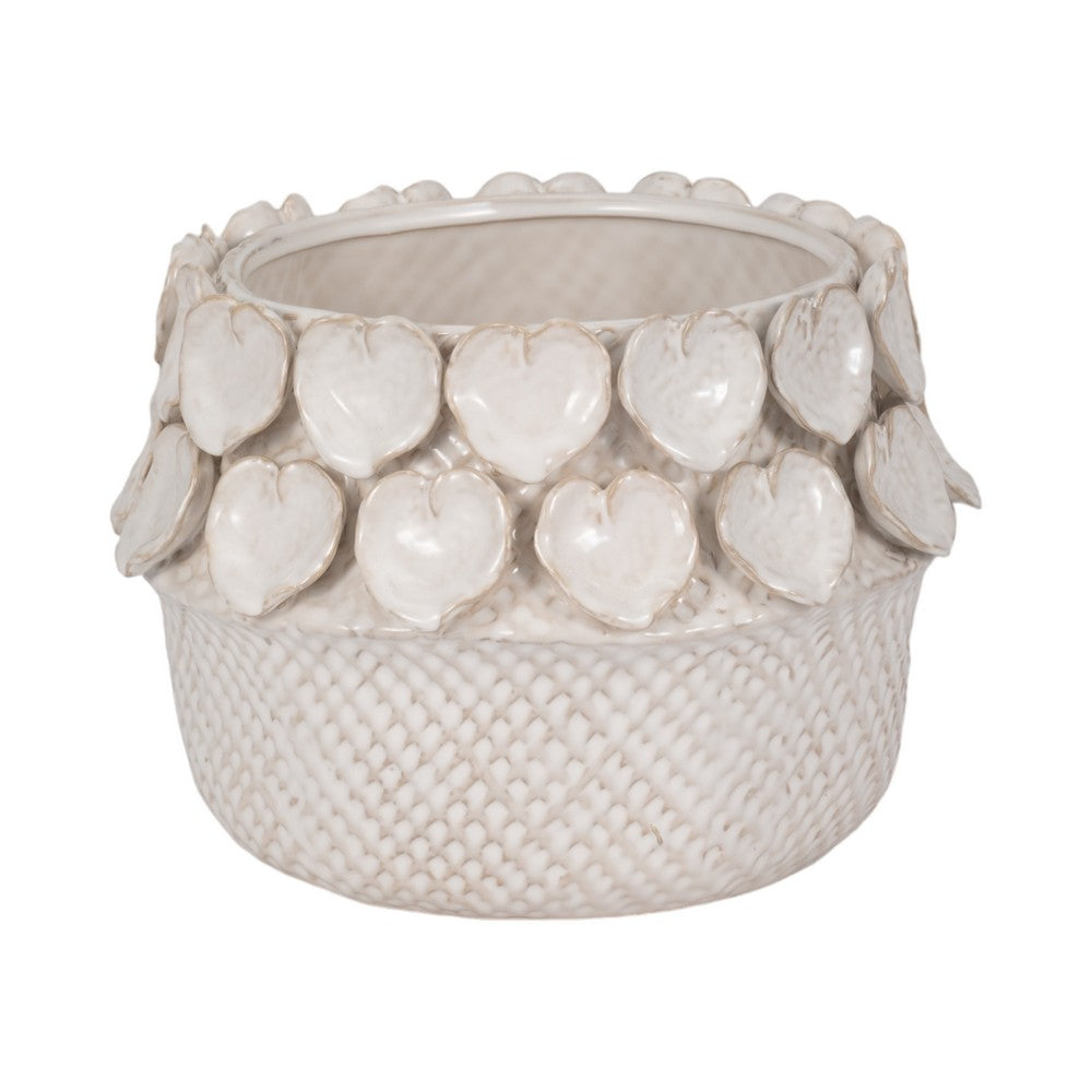 Indoor Outdoor Leaf Applique Woven Planter | Detailed Antique Ivory Ceramic