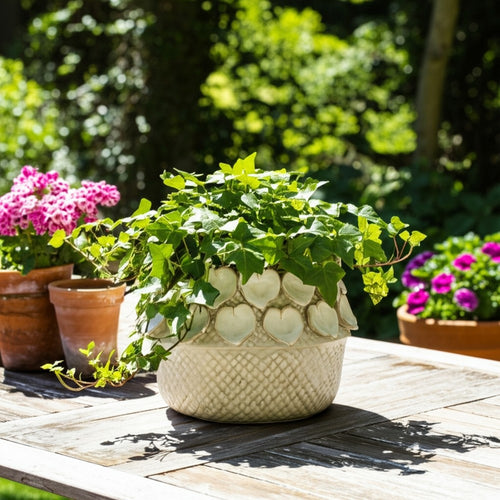 Indoor Outdoor Leaf Applique Woven Planter | Detailed Antique Ivory Ceramic
