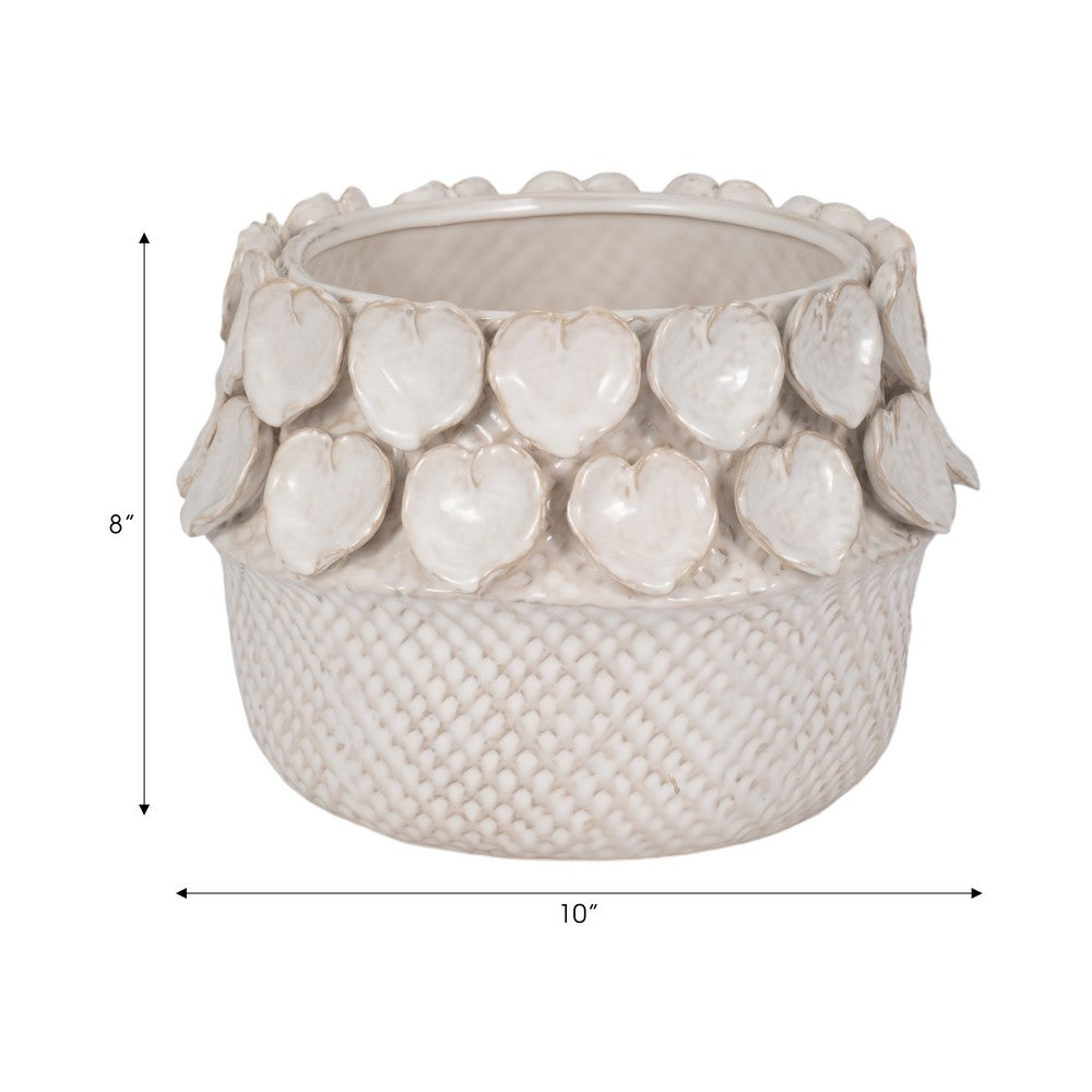 Indoor Outdoor Leaf Applique Woven Planter | Detailed Antique Ivory Ceramic