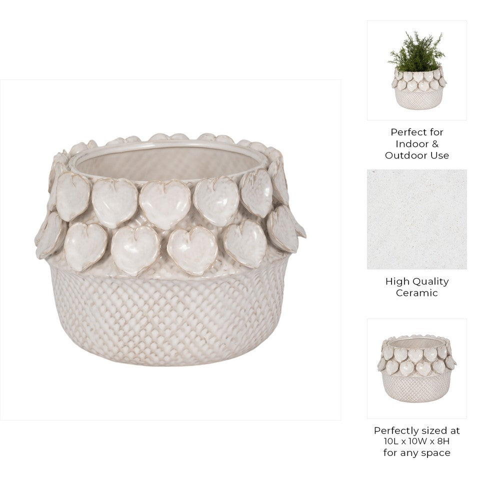 Indoor Outdoor Leaf Applique Woven Planter | Detailed Antique Ivory Ceramic