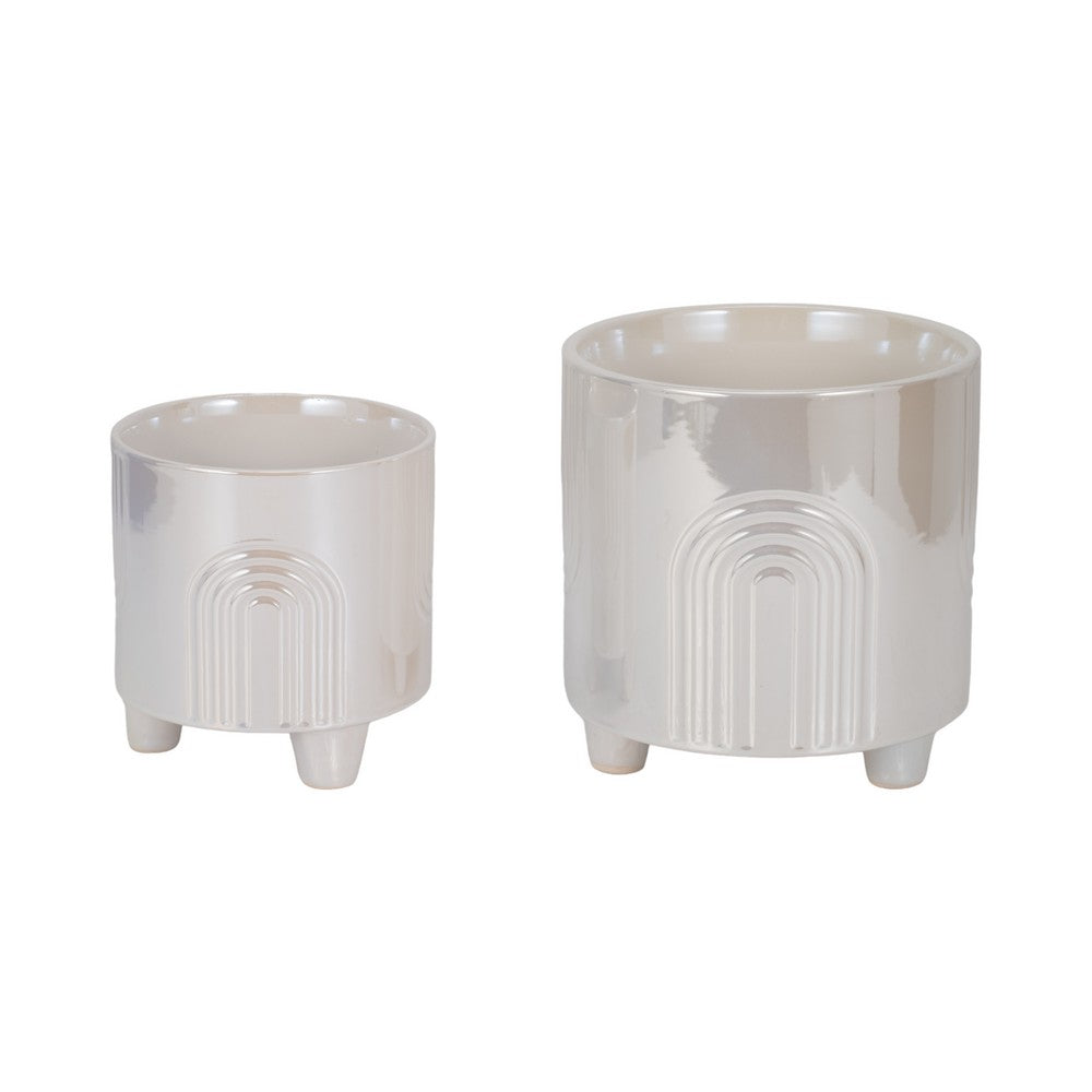 Abas Iridescent Bravais Footed Planter Set of 2 | Ivory Ceramic 8 & 6"