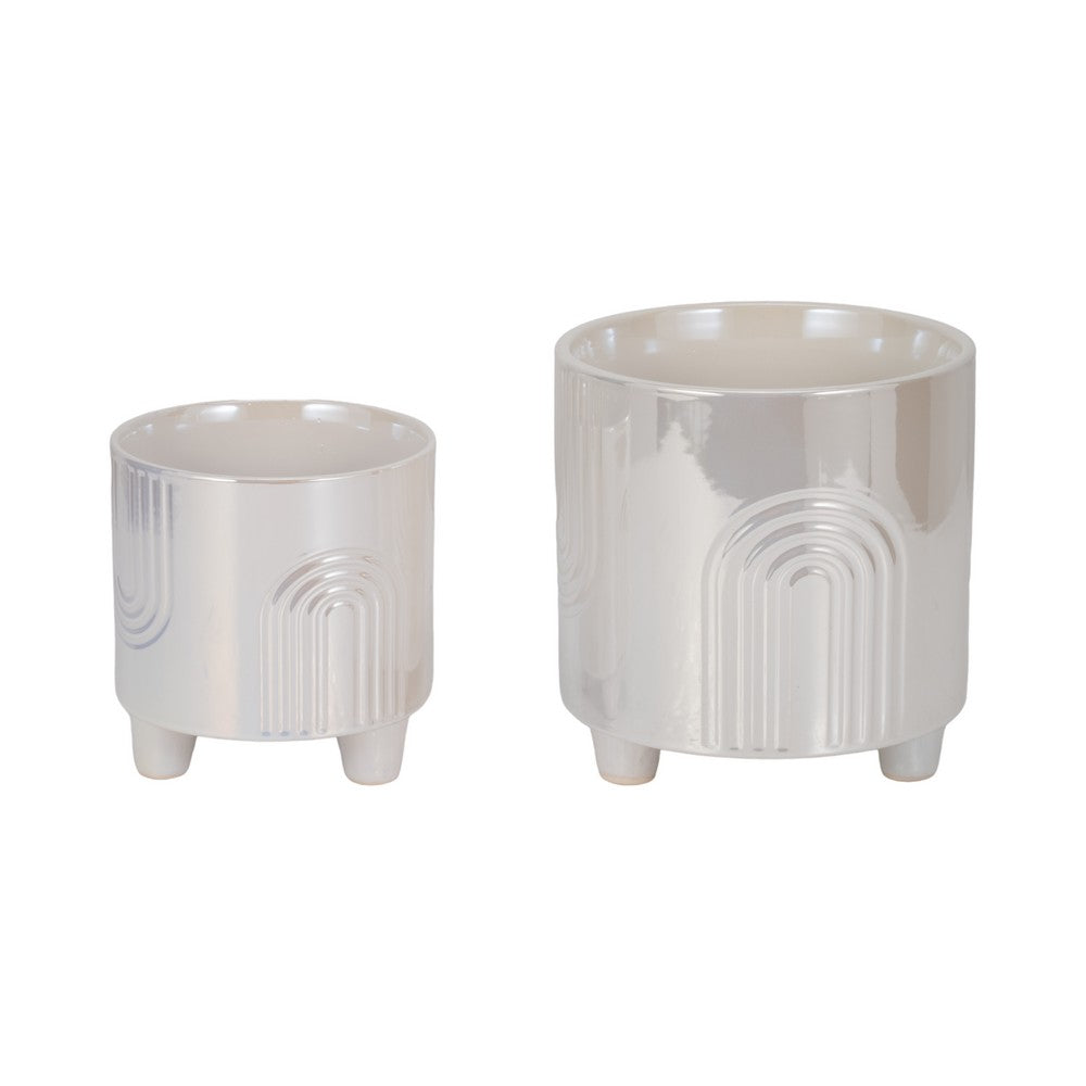 Abas Iridescent Bravais Footed Planter Set of 2 | Ivory Ceramic 8 & 6"