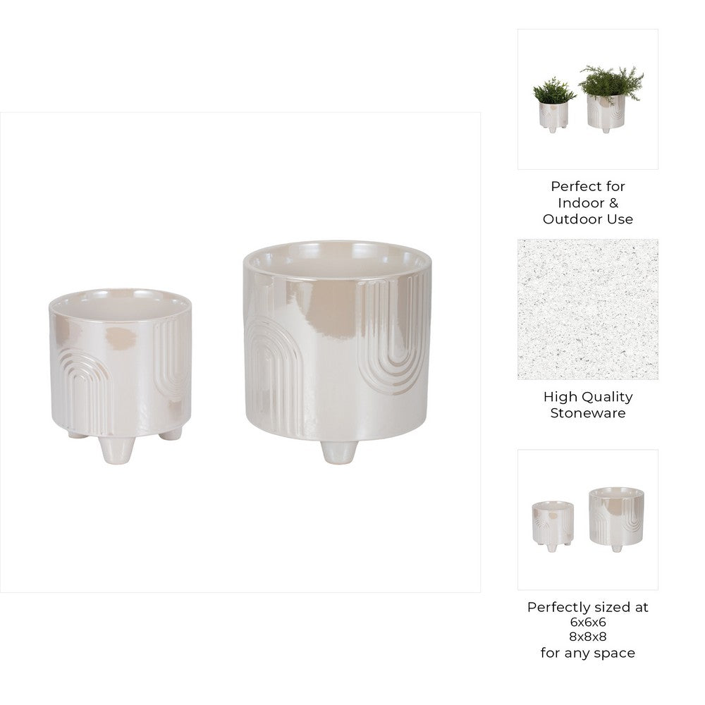 Abas Iridescent Bravais Footed Planter Set of 2 | Ivory Ceramic 8 & 6"