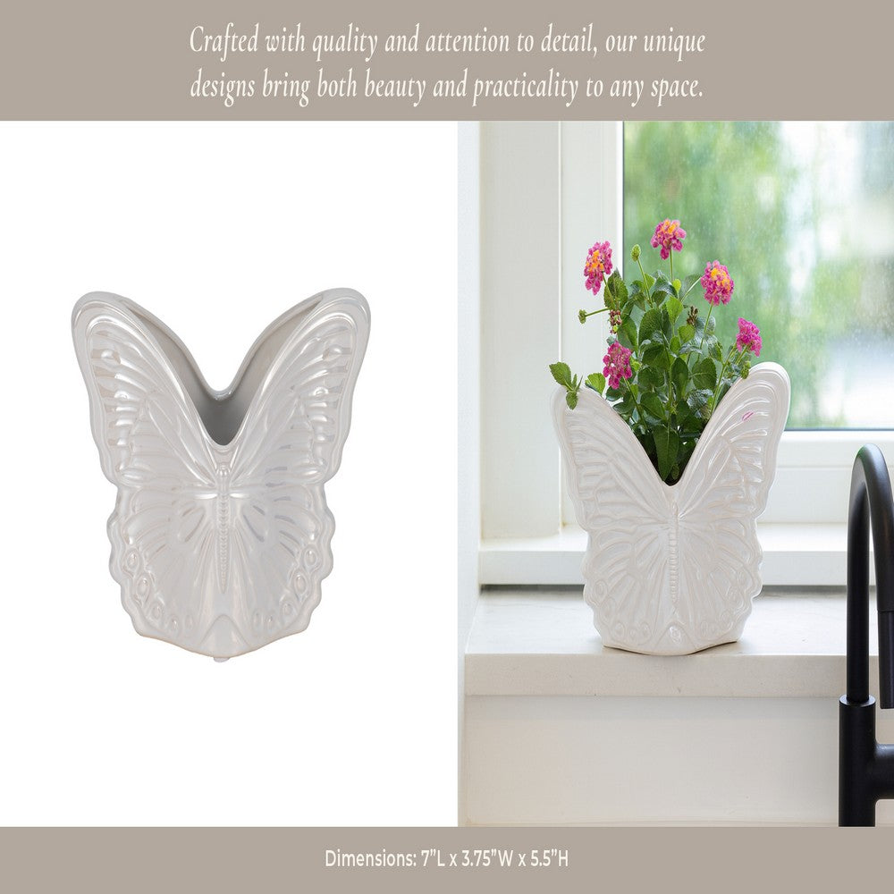 Outdoor Butterfly Accent Garden Planter | Ivory Finish Ceramic | 7"