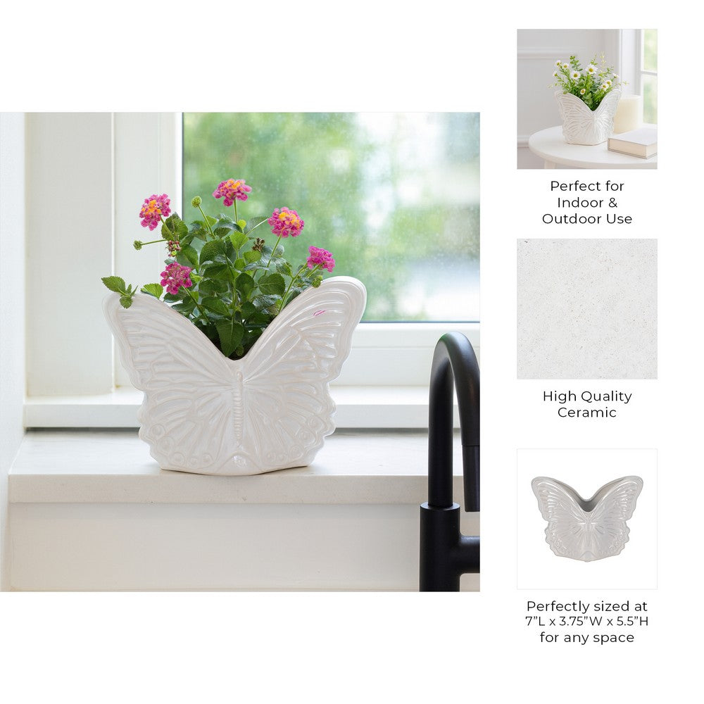 Outdoor Butterfly Accent Garden Planter | Ivory Finish Ceramic | 7"