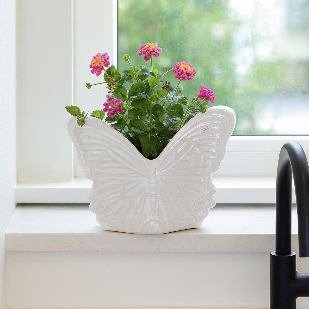 Outdoor Butterfly Accent Garden Planter | Ivory Finish Ceramic | 7"