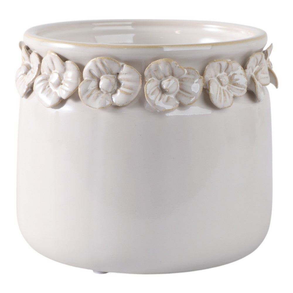 Reya Planter Pot | 3D Floral Applique Rim | Handcrafted Ivory Ceramic | 6"