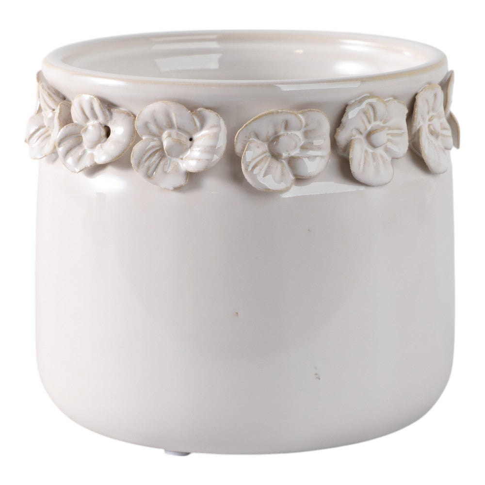 Reya Planter Pot | 3D Floral Applique Rim | Handcrafted Ivory Ceramic | 6"