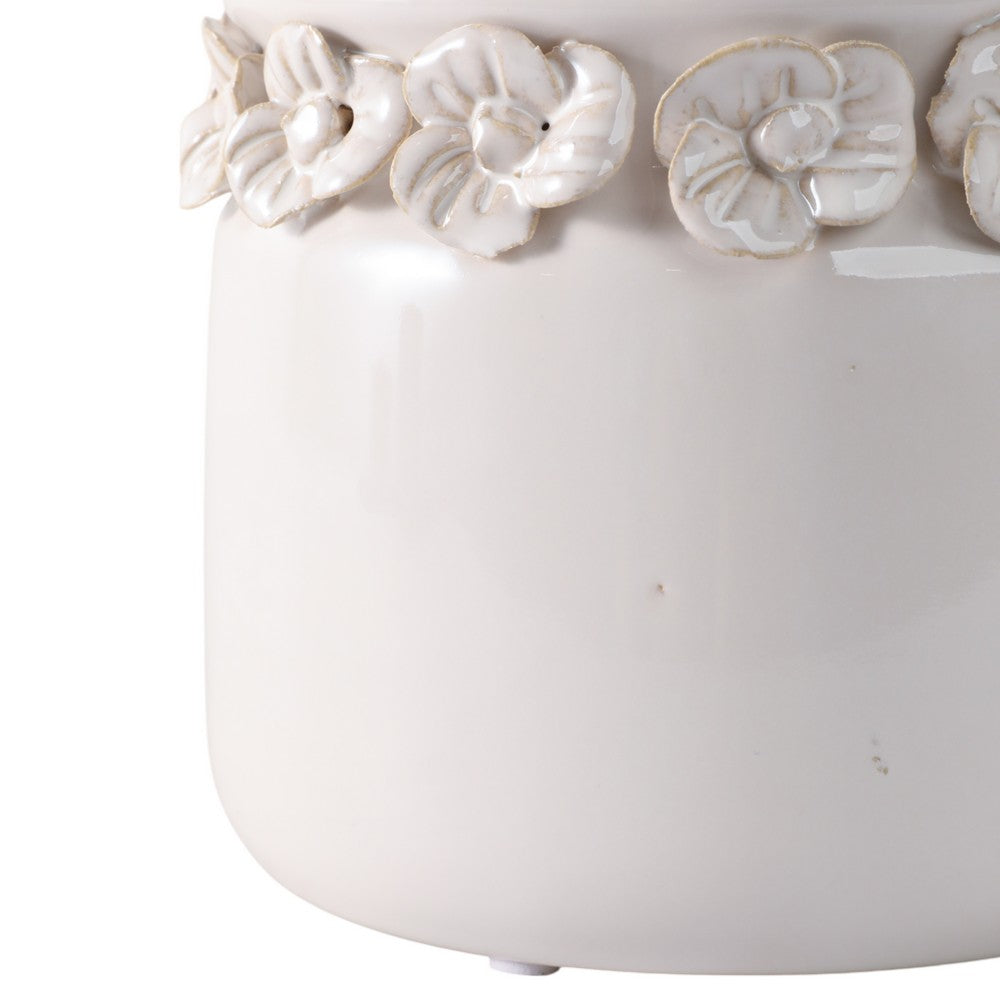 Reya Planter Pot | 3D Floral Applique Rim | Handcrafted Ivory Ceramic | 6"