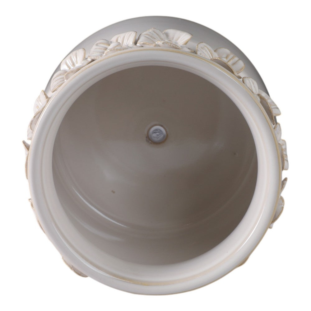 Reya Planter Pot | 3D Floral Applique Rim | Handcrafted Ivory Ceramic | 6"