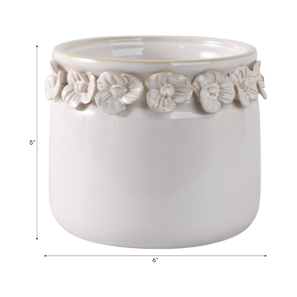 Reya Planter Pot | 3D Floral Applique Rim | Handcrafted Ivory Ceramic | 6"