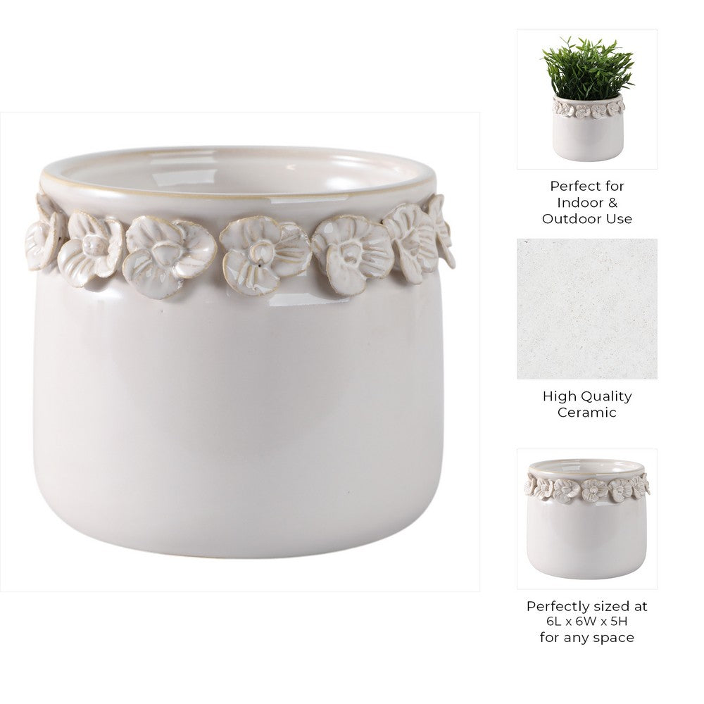 Reya Planter Pot | 3D Floral Applique Rim | Handcrafted Ivory Ceramic | 6"