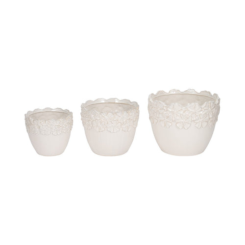 Aio Round Planters Set of 3 | Floral Crown Rim Ivory Ceramic 8 9 & 11"