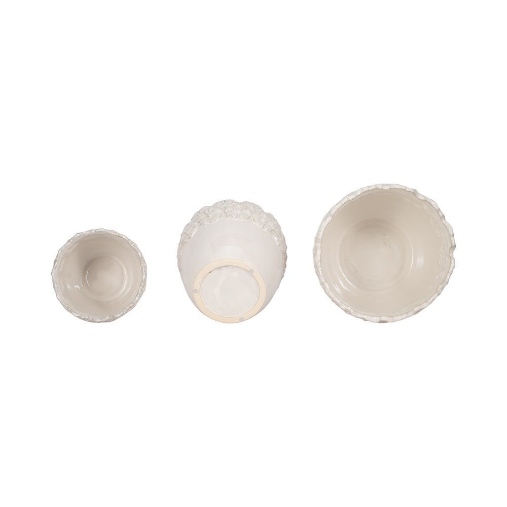 Aio Round Planters Set of 3 | Floral Crown Rim Ivory Ceramic 8 9 & 11"