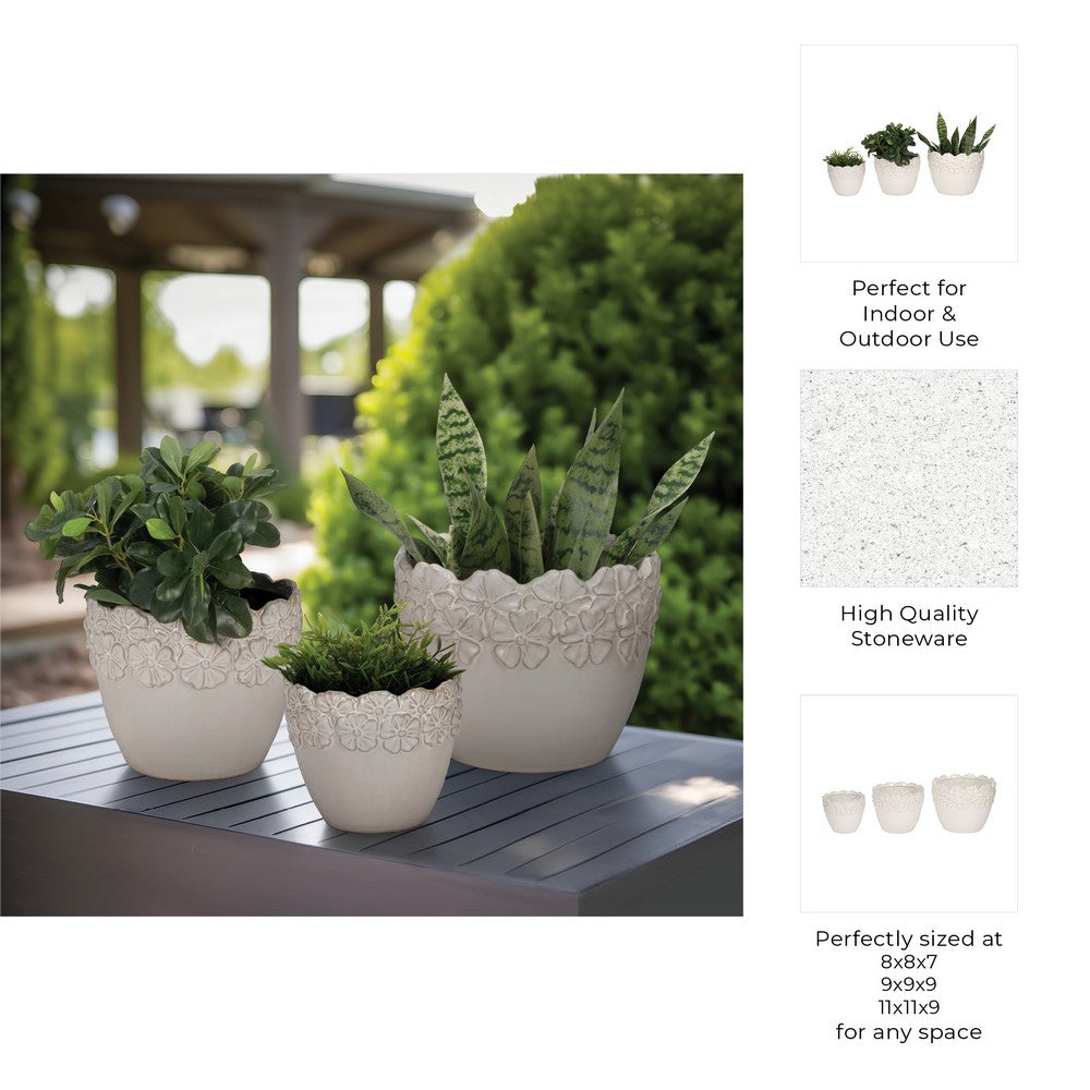 Aio Round Planters Set of 3 | Floral Crown Rim Ivory Ceramic 8 9 & 11"