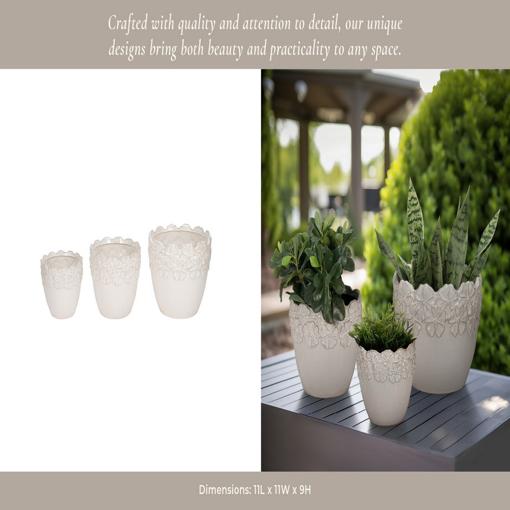 Aio Round Planters Set of 3 | Floral Crown Rim Ivory Ceramic 8 9 & 11"