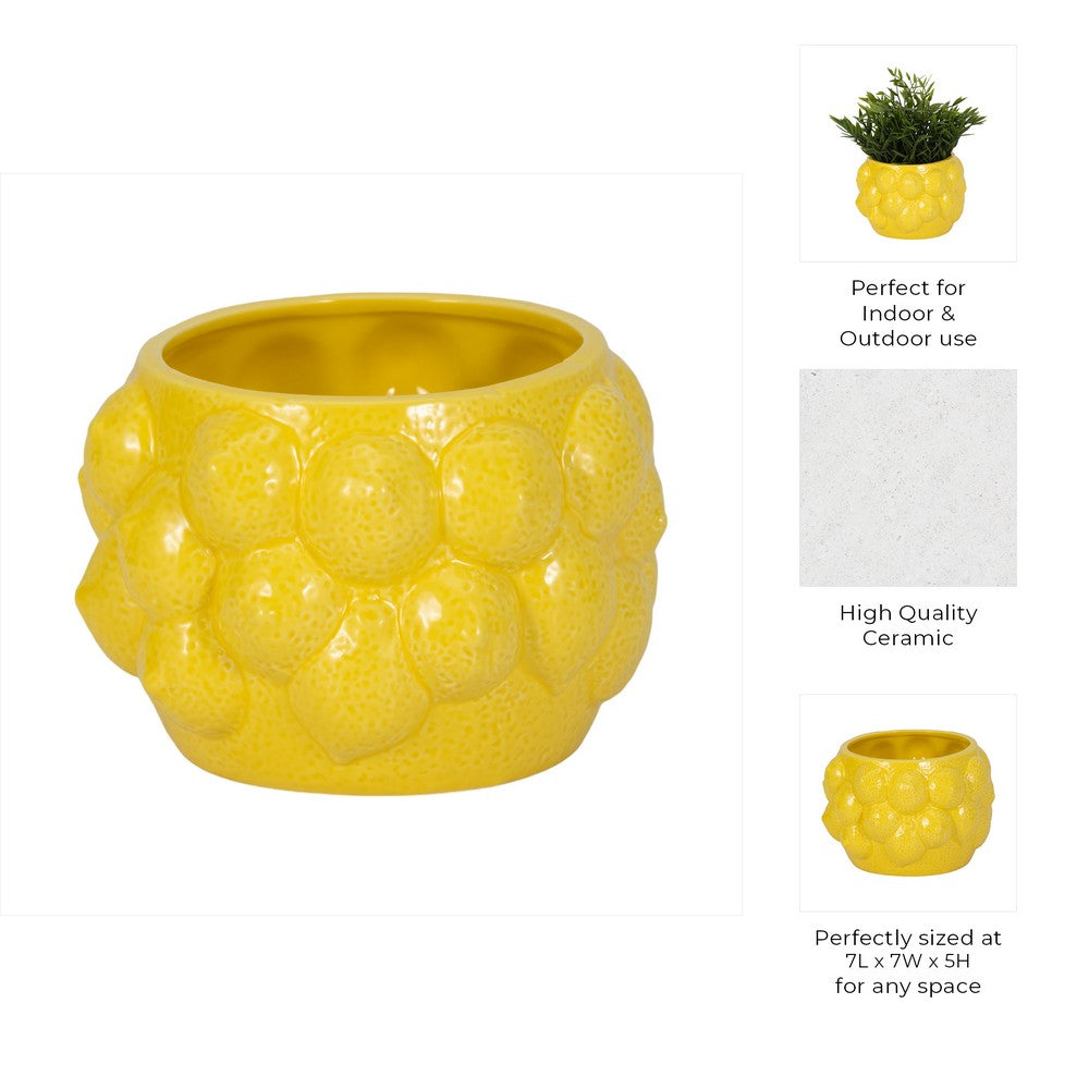 Indoor Outdoor Flower Planter Pot | Yellow Ceramic Lemon Art Design