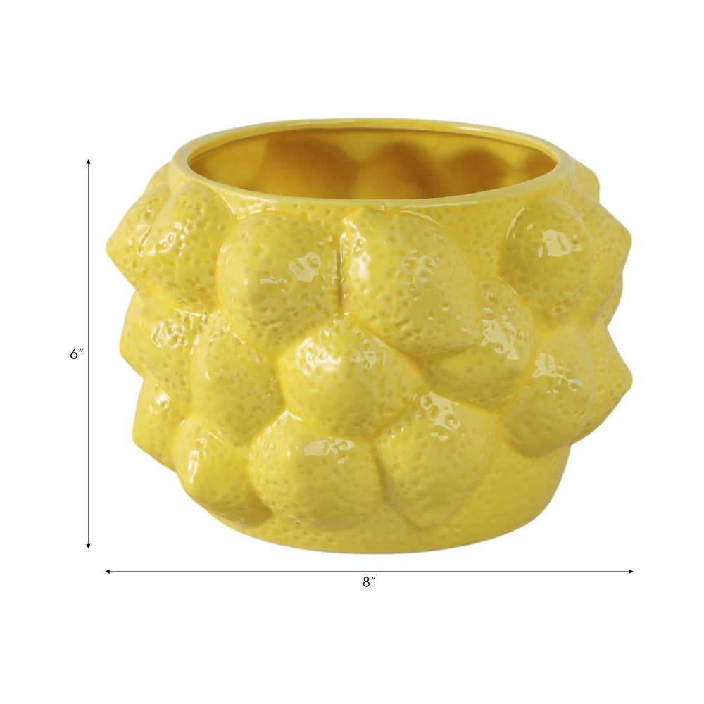 Erno Flower Planter | Raised Lemon Texture | Glossy Yellow Ceramic 8"