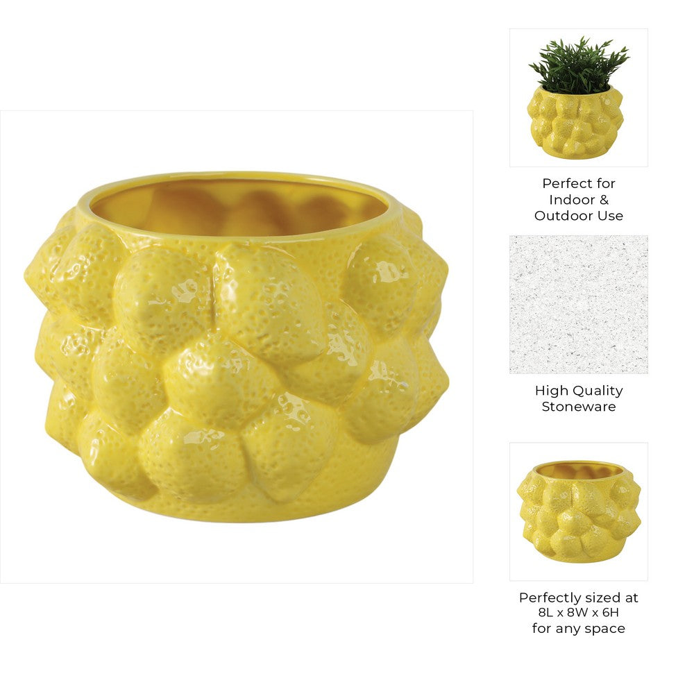 Erno Flower Planter | Raised Lemon Texture | Glossy Yellow Ceramic 8"