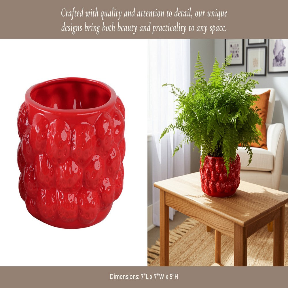 7" Strawberry Design Flower Pot Planter | Textured Glazed Red Ceramic