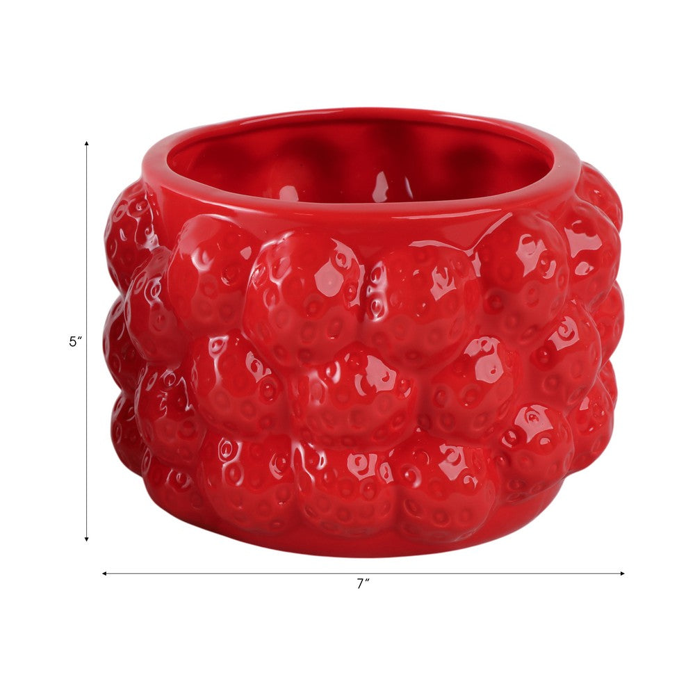 7" Strawberry Design Flower Pot Planter | Textured Glazed Red Ceramic