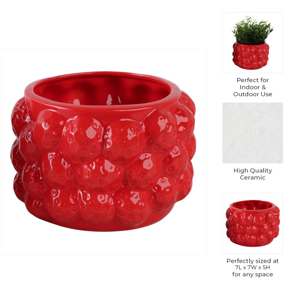 7" Strawberry Design Flower Pot Planter | Textured Glazed Red Ceramic