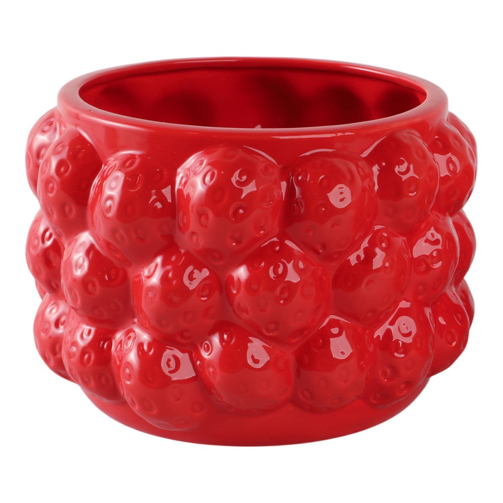 Decorative Planter Pot | 8" Strawberry Textured Design | Red Ceramic